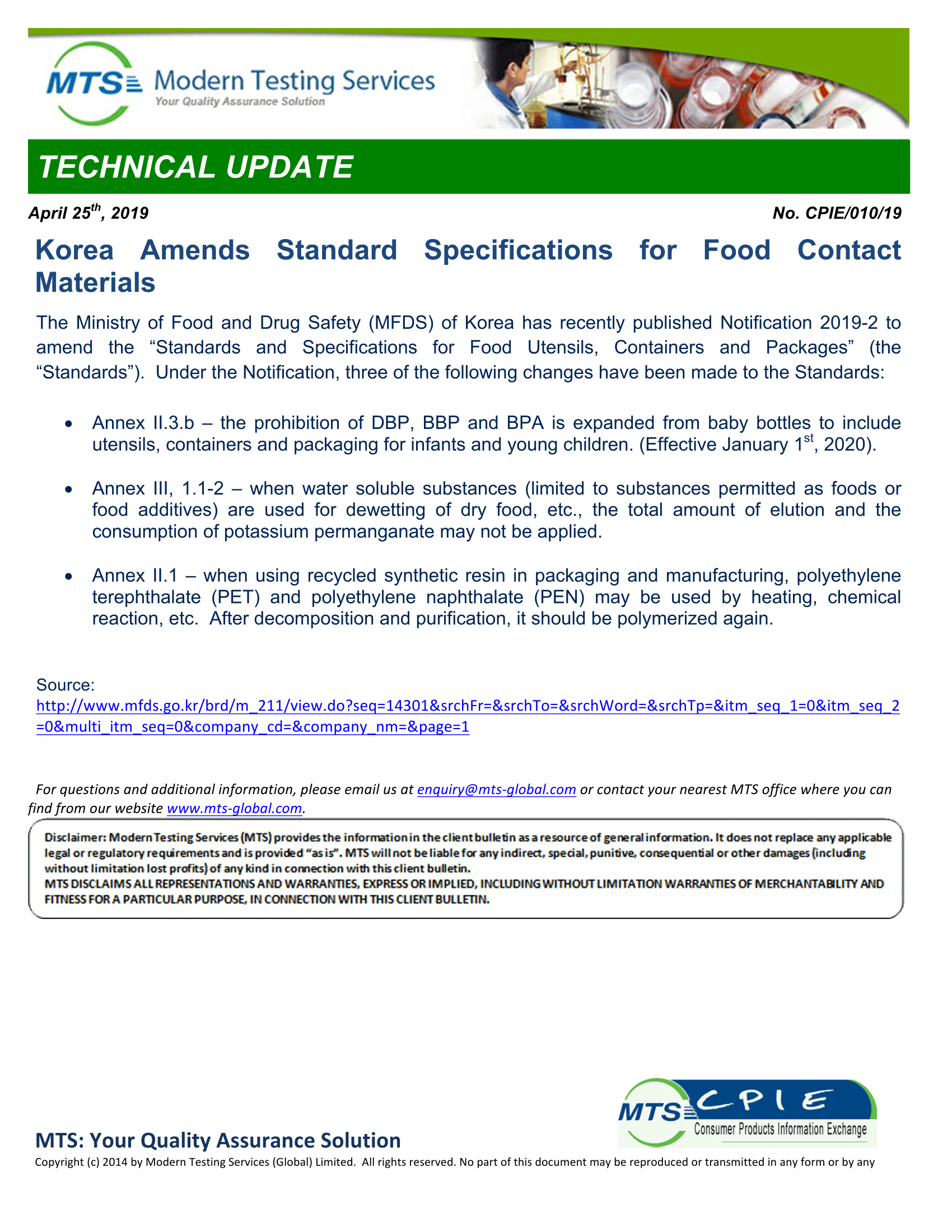 CPIE-010-19 Korea Amends Standard Specifications for Food Contact Materials  -1