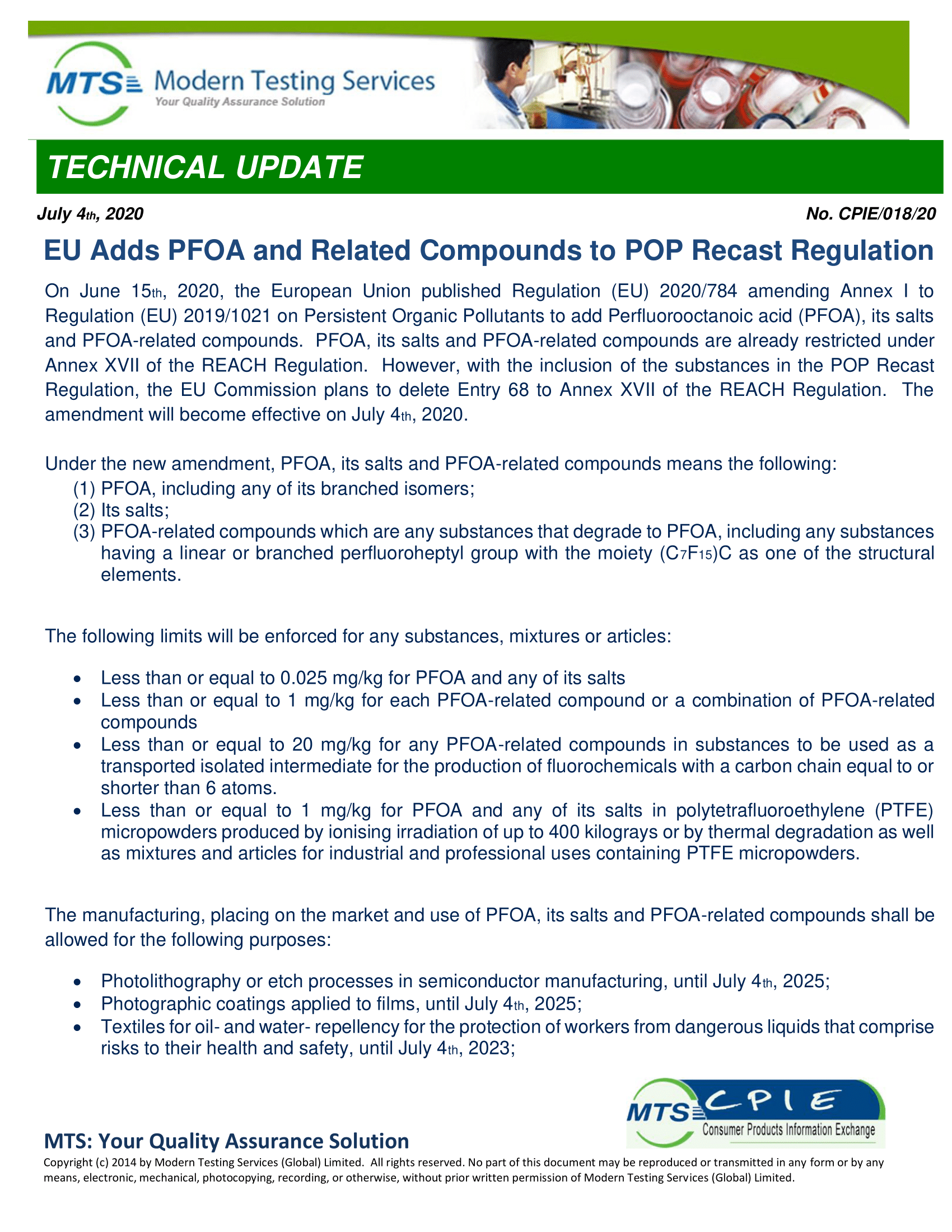 CPIE-018-20  EU Adds PFOA and Related Compounds to POP Recast Regulation 1
