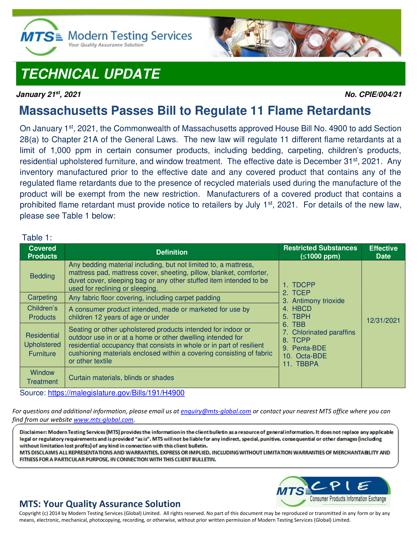 CPIE-004-21 Massachusetts Passes Bill to Regulate 11 Flame Retardants -1